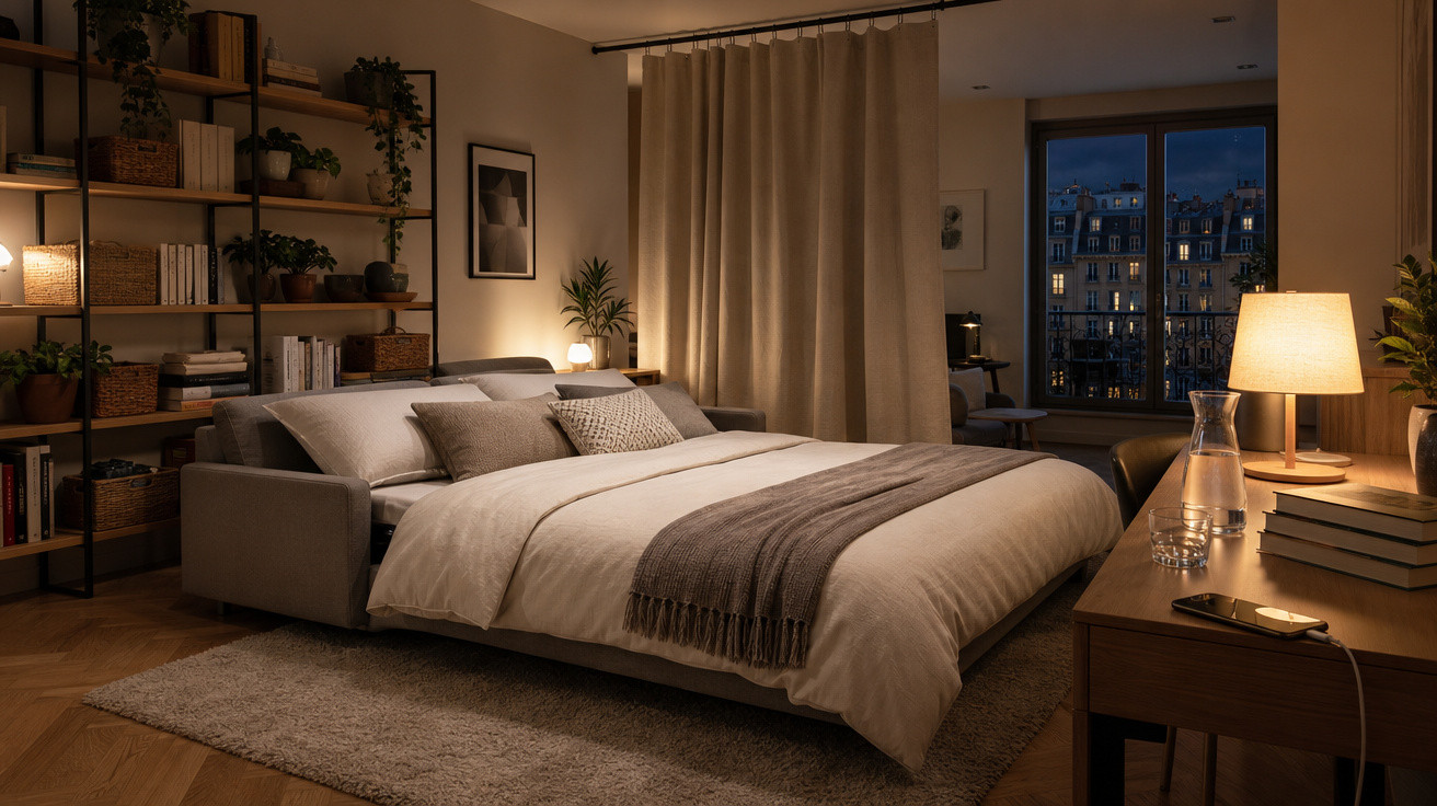 Quarto aconchegante à noite com cama grande, iluminação suave, estante com livros e janela com vista para a cidade.