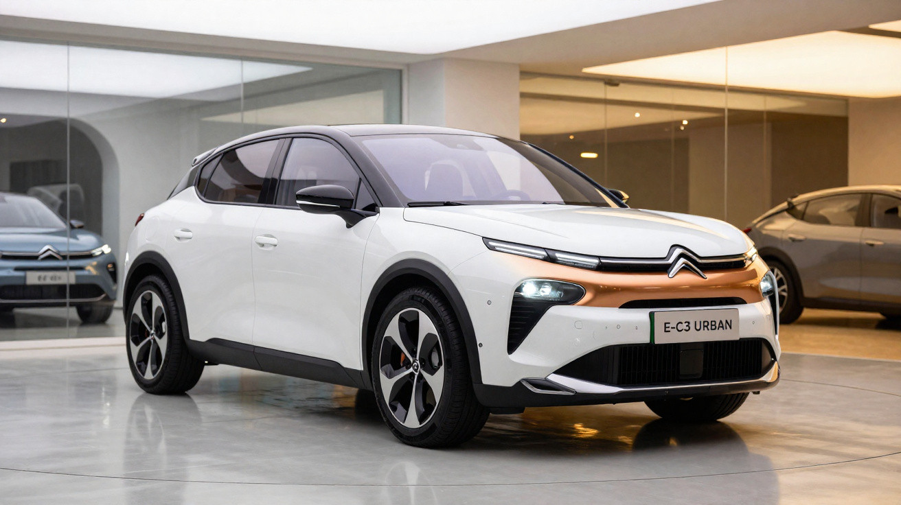 Carro elétrico Citroën E-C3 Urban branco estacionado em ambiente interno moderno.