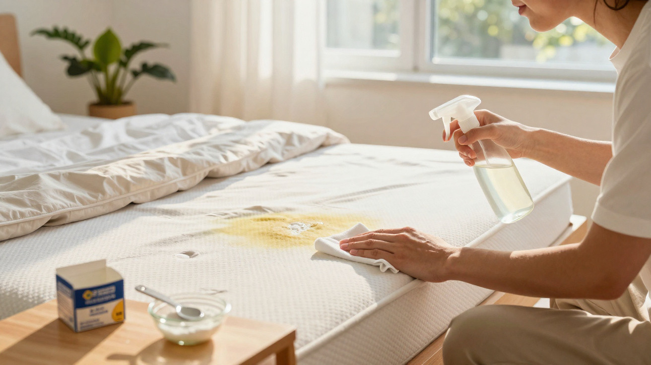 Pessoa aplicando produto removedor de manchas em colchão branco com mancha amarela, em quarto iluminado.