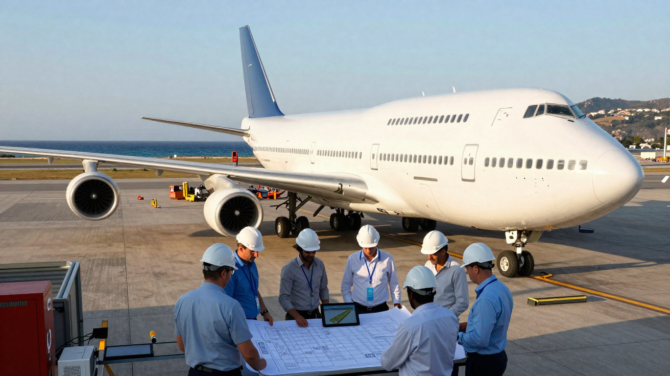 Grupo de engenheiros com capacetes revisando planta de avião próximo a aeronave estacionada no aeroporto.