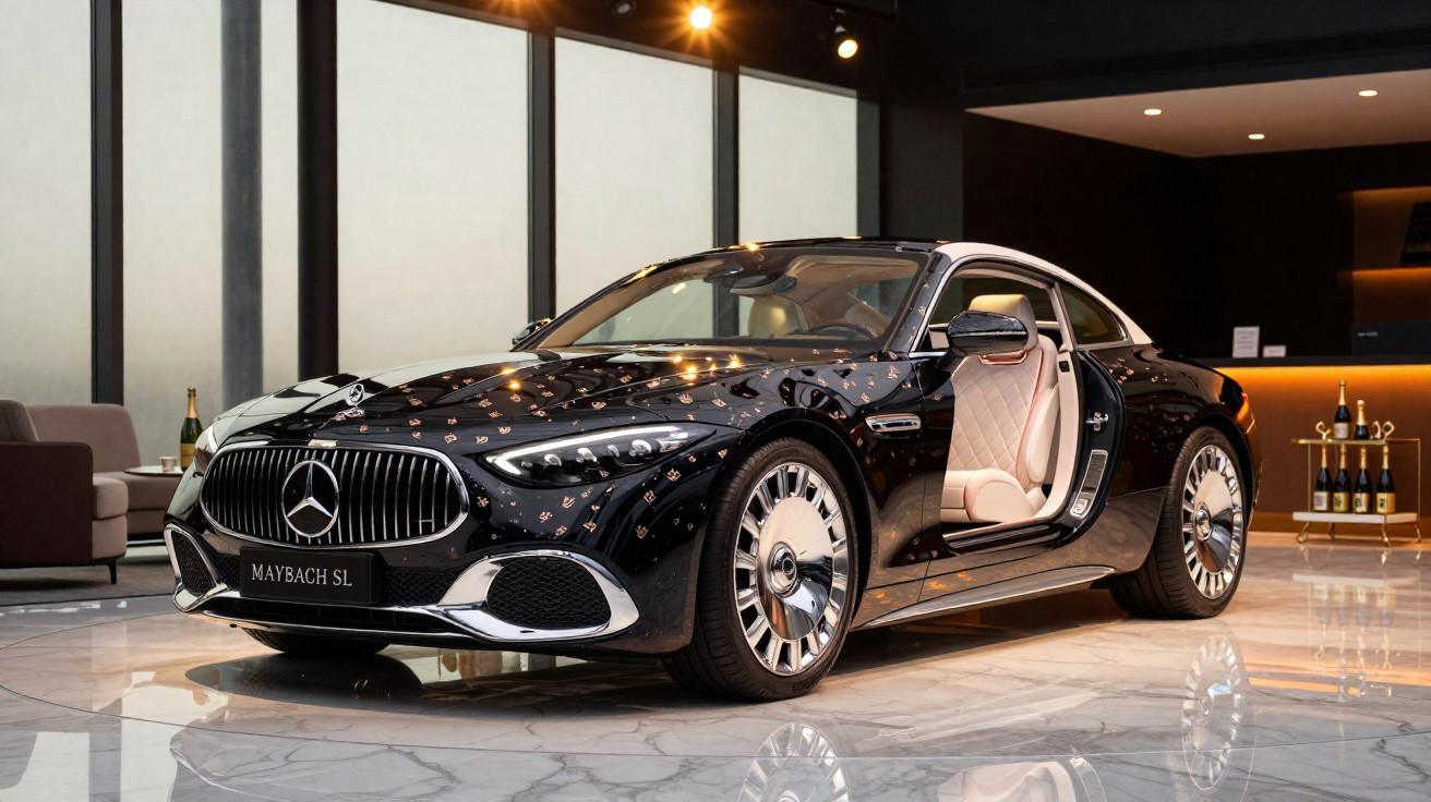 Carro esportivo Mercedes Maybach SL preto com porta aberta em ambiente interno iluminado.