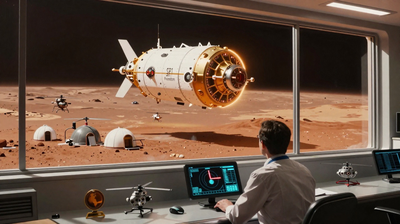 Homem monitora nave espacial em órbita de colônia futurista no planeta Marte vista por janela ampla.