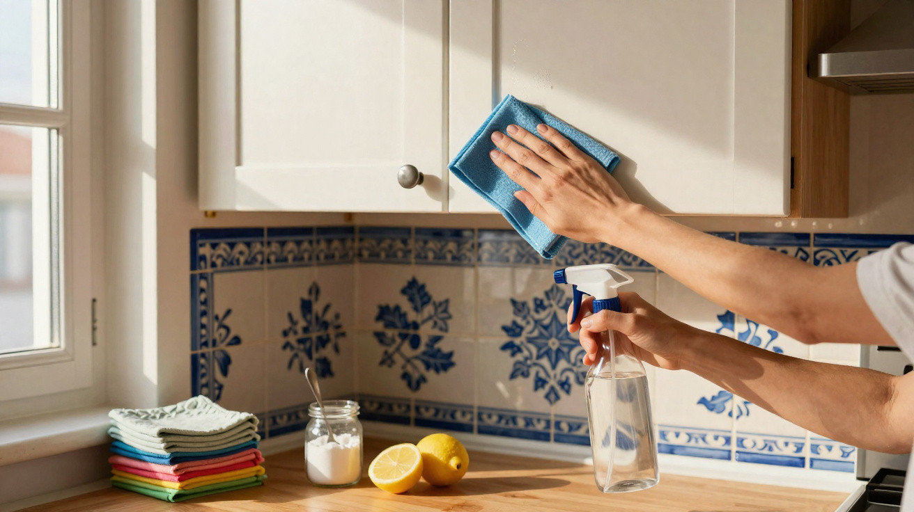 Pessoa limpando armário branco da cozinha com pano azul e borrifador em bancada de madeira com limões e vidro.