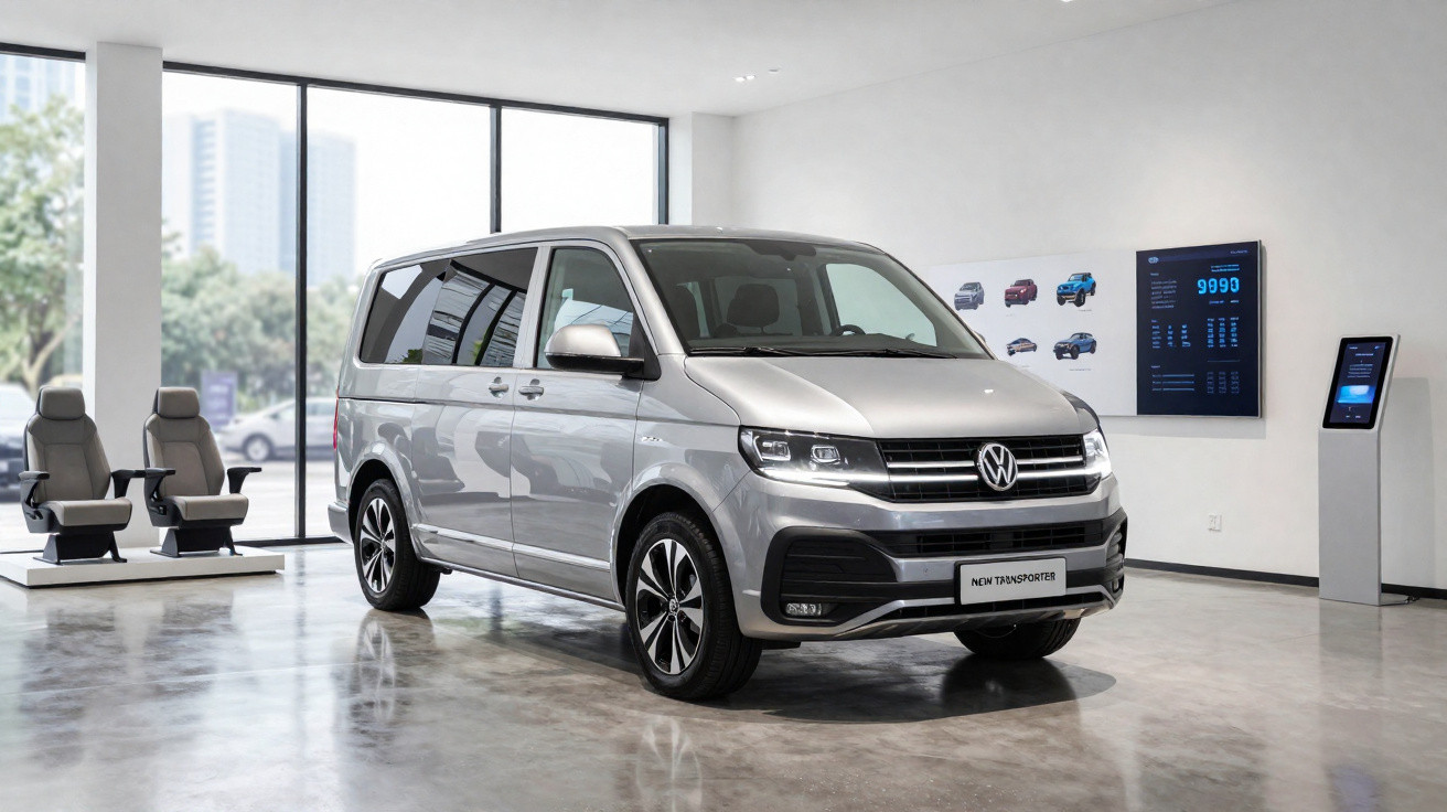 Van prata Volkswagen New Transporter exposta em showroom moderno com poltronas ao fundo.