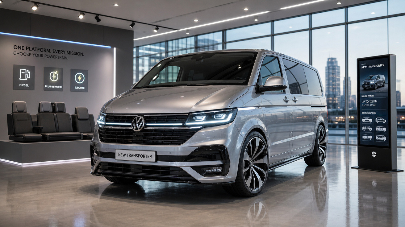 Van Volkswagen New Transporter prata exposta em showroom moderno com grandes janelas e iluminação LED.