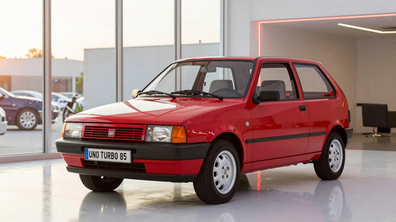 Carro Fiat Uno Turbo 85 vermelho estacionado em espaço interno com paredes claras e janelas amplas.