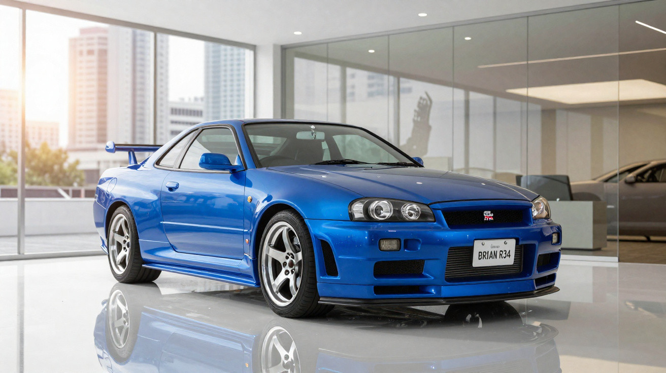 Carro esportivo azul Nissan Skyline GT-R R34 em ambiente interno com paredes de vidro e reflexo no chão.