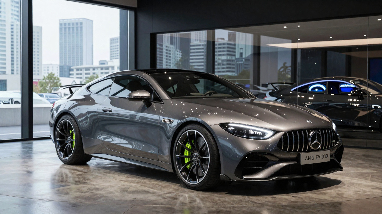 Carro esportivo Mercedes-AMG cinza exposto em showroom moderno com rodas pretas e detalhes verdes.