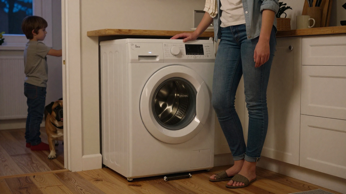 Mulher encostada em máquina de lavar roupas branca na cozinha, criança e cachorro ao fundo.