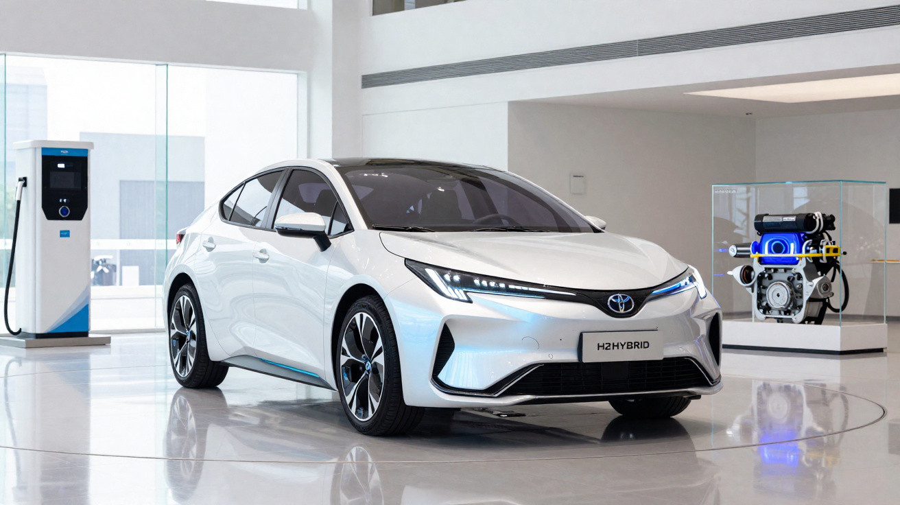 Carro híbrido branco Toyota H2Hybrid em showroom moderno com carregador elétrico e motor exposto.