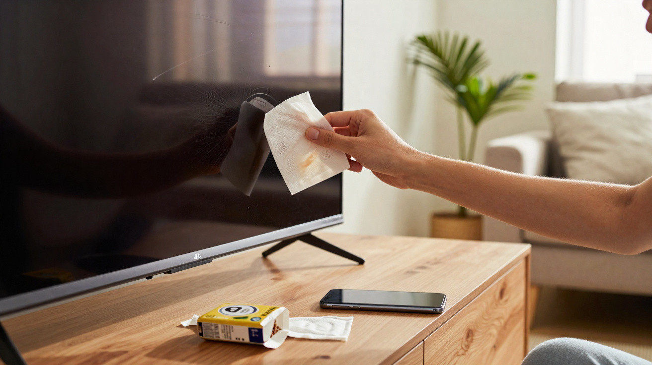 Pessoa limpando a tela da TV com um pano em ambiente doméstico, com celular e caixa sobre o móvel.