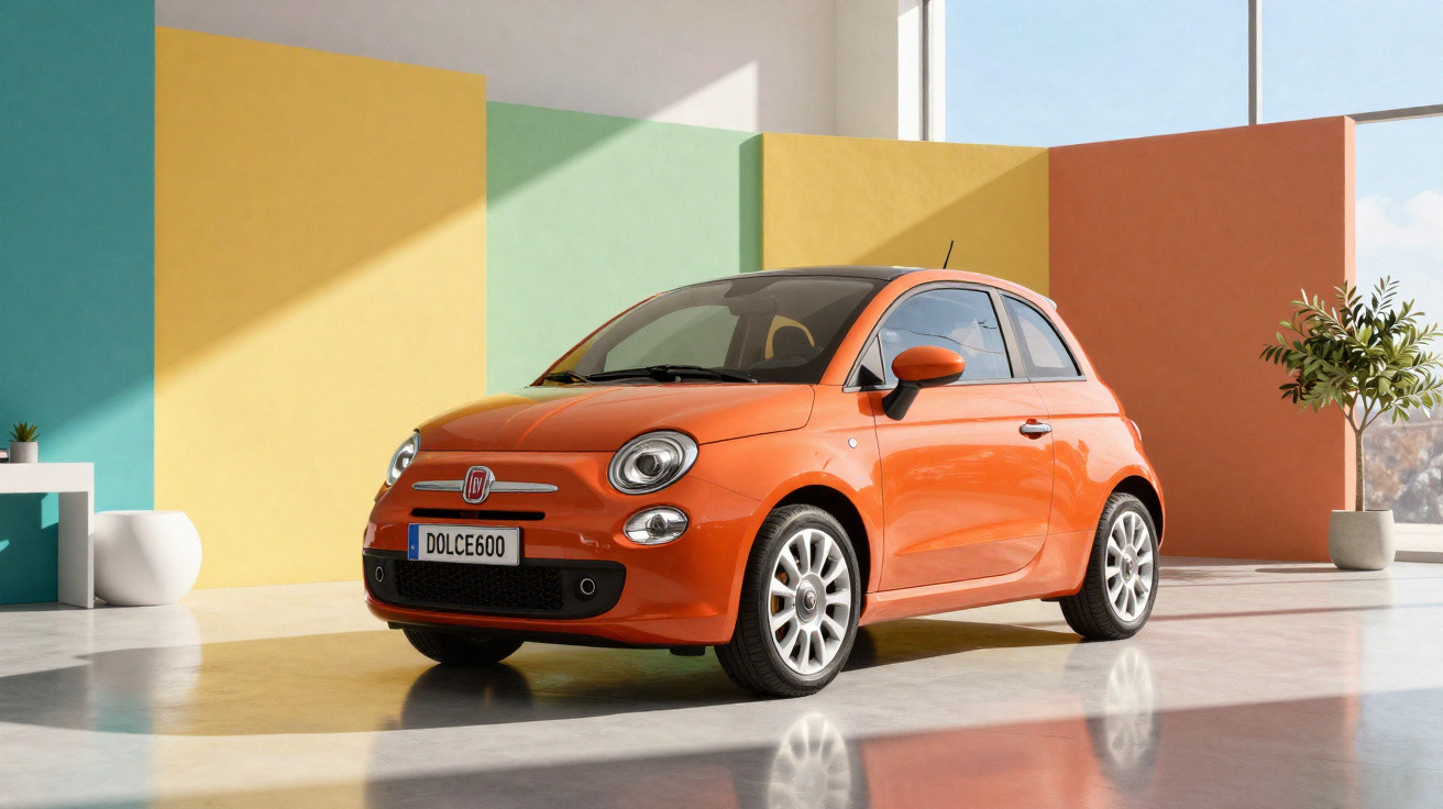 Carro Fiat 500 laranja em ambiente interno com paredes coloridas e planta ao fundo.