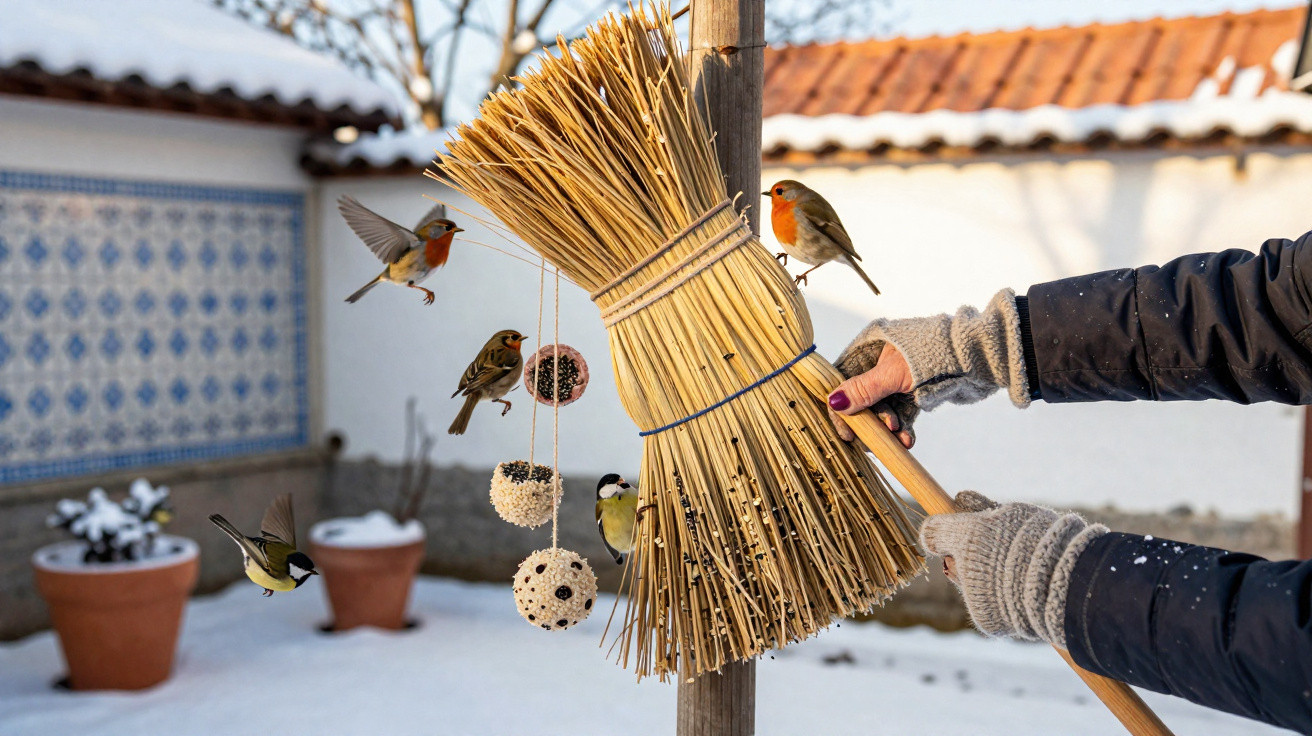 Mãos com luvas seguram vassoura de palha com pássaros alimentando-se em jardim com neve.