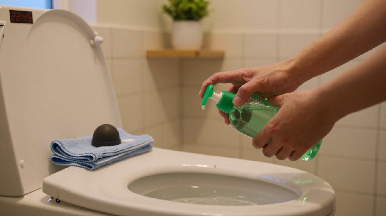 Mãos aplicando produto de limpeza em vaso sanitário branco com tampa aberta e pano azul ao lado.