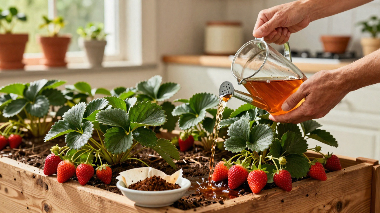 Pessoa regando planta de morango em vaso de madeira dentro de casa, com jarra transparente na mão.