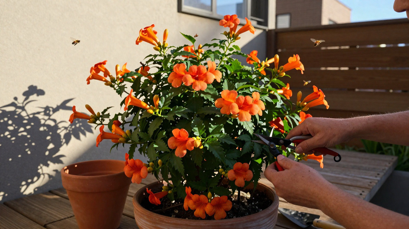Pessoa podando flores laranjas em vaso com abelhas voando ao redor em varanda ensolarada.