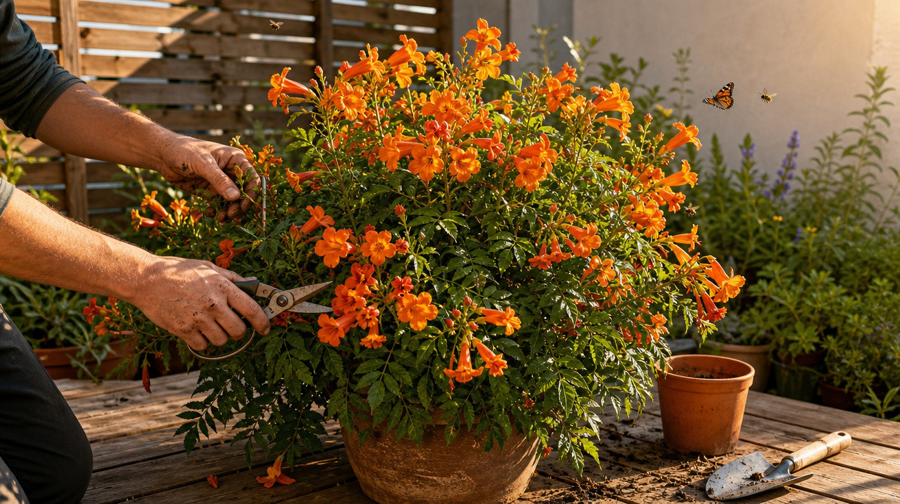 Pessoa podando flores laranja em vaso grande em ambiente externo com utensílio de jardinagem.