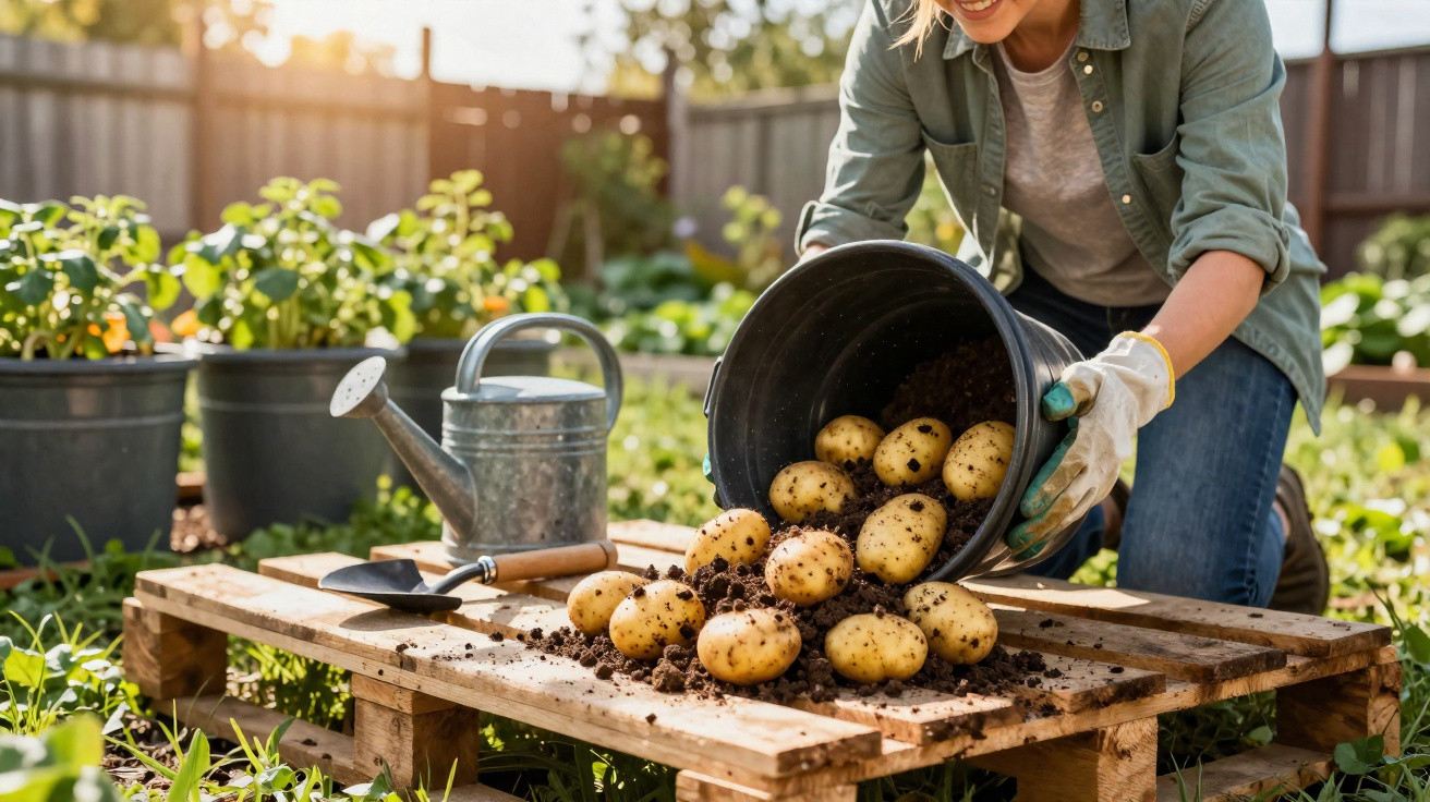 Pessoa derramando batatas com terra sobre uma mesa de madeira em um jardim ao ar livre.