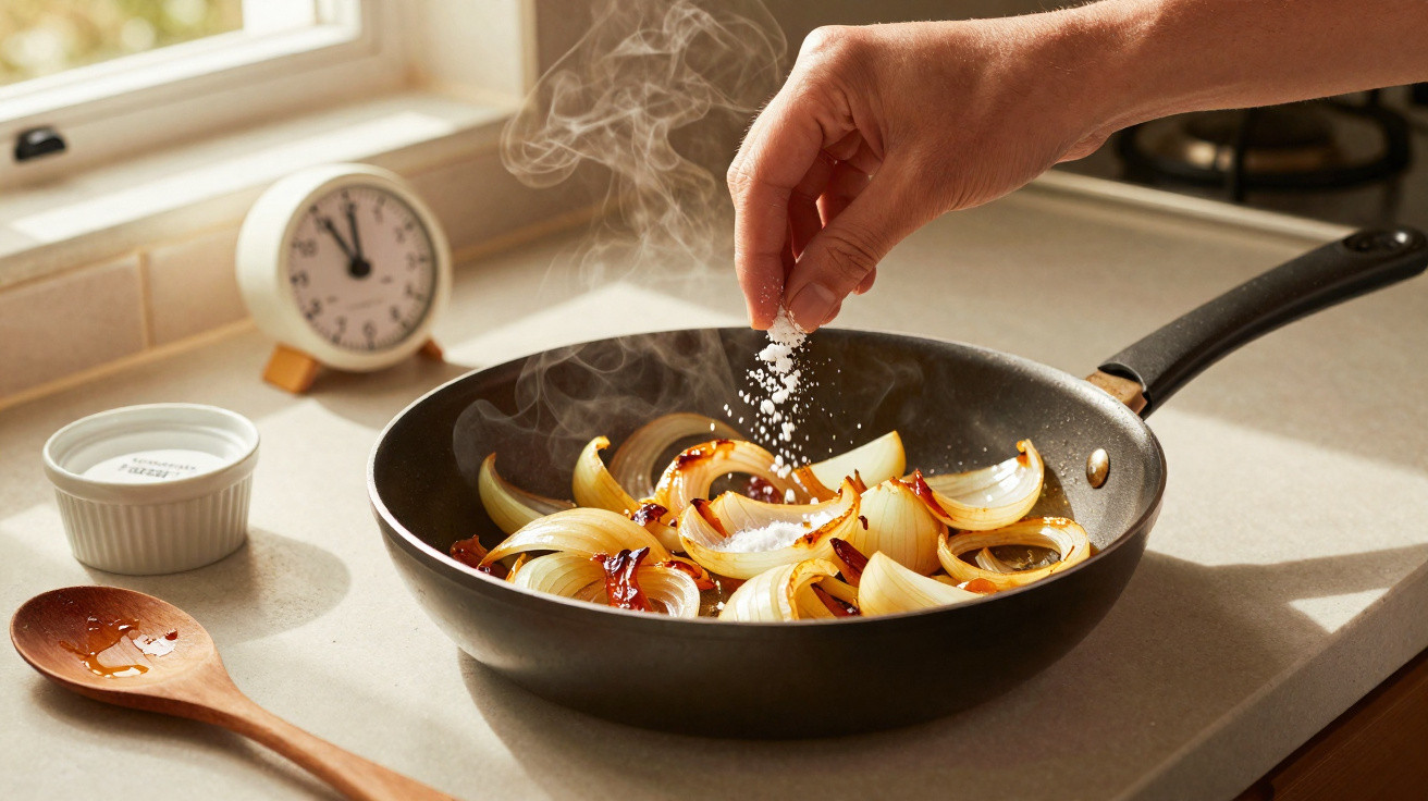 Mão salpicando tempero em cebolas douradas em frigideira com vapor na cozinha iluminada pela janela.