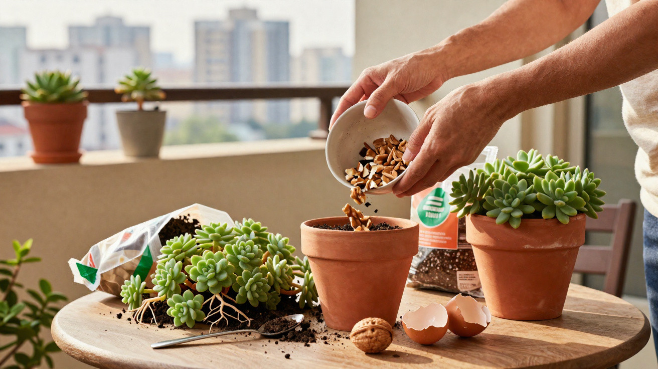 Pessoa plantando suculentas em vasos de barro em uma mesa com terra, casca de ovo e uma noz.