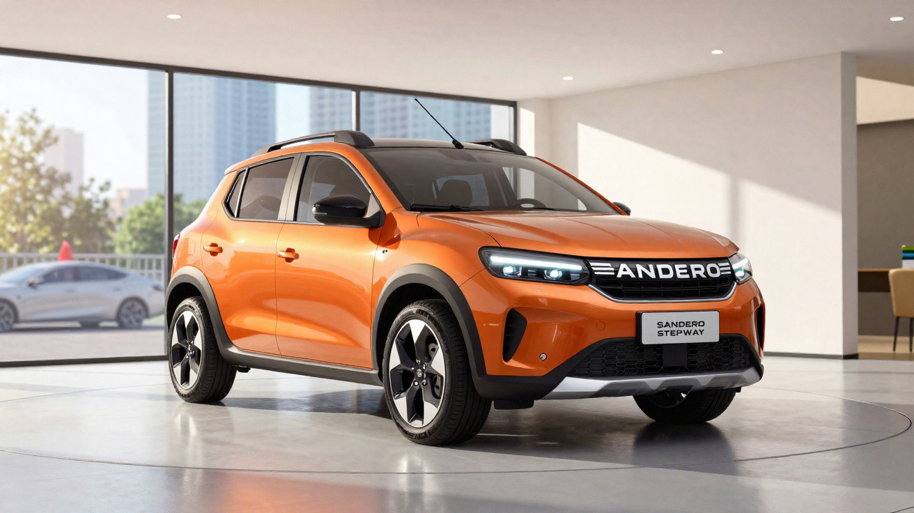 Carro SUV compacto laranja estacionado em ambiente interno moderno com grandes janelas de vidro.