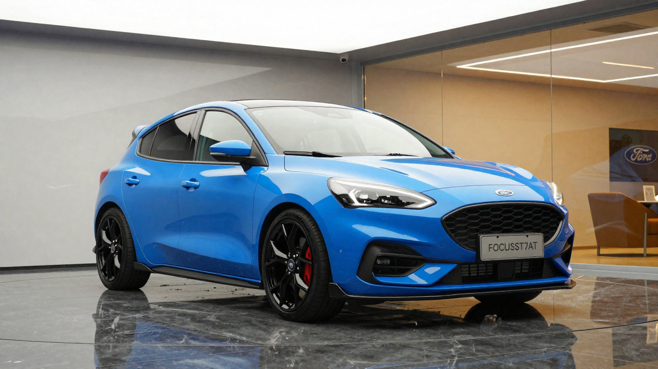 Carro hatchback azul Ford Focus 2024 em exposição interna com rodas pretas esportivas.