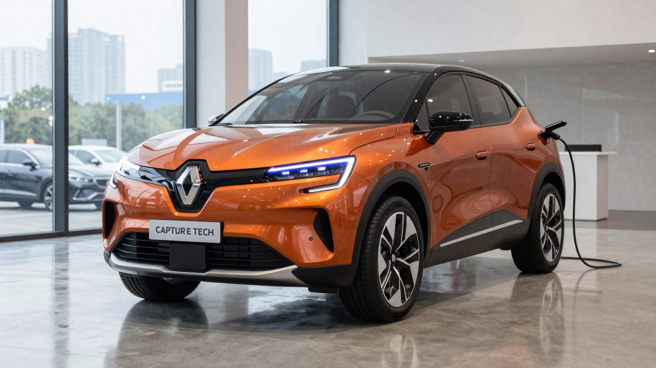 Carro elétrico Renault Capture Tech laranja conectado à tomada em showroom moderno.