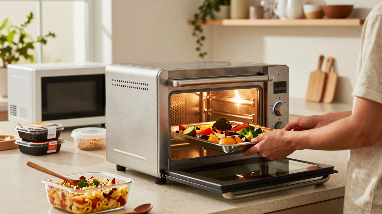 Pessoa colocando uma assadeira com legumes coloridos em forno elétrico moderno em cozinha iluminada.