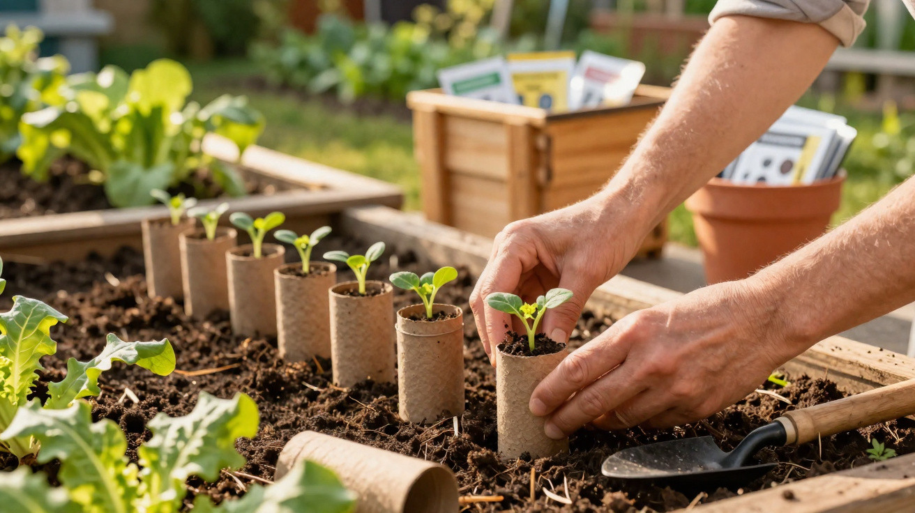 Mãos plantando mudas em papel reciclado em canteiro de jardim com terra úmida e ferramentas.
