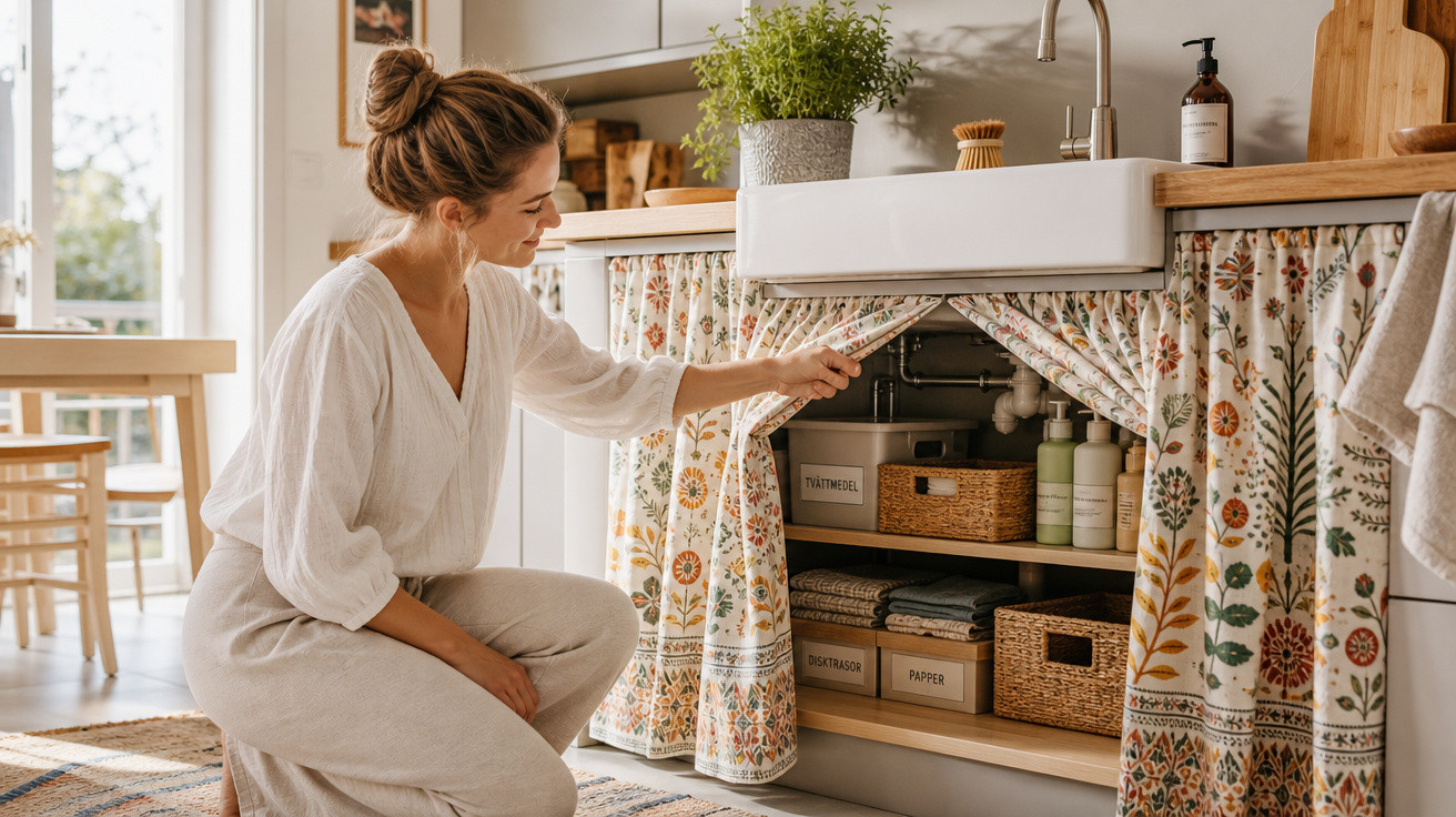 Mulher abaixada abrindo cortina floral sob pia, revelando organizadores e produtos no armário da cozinha.