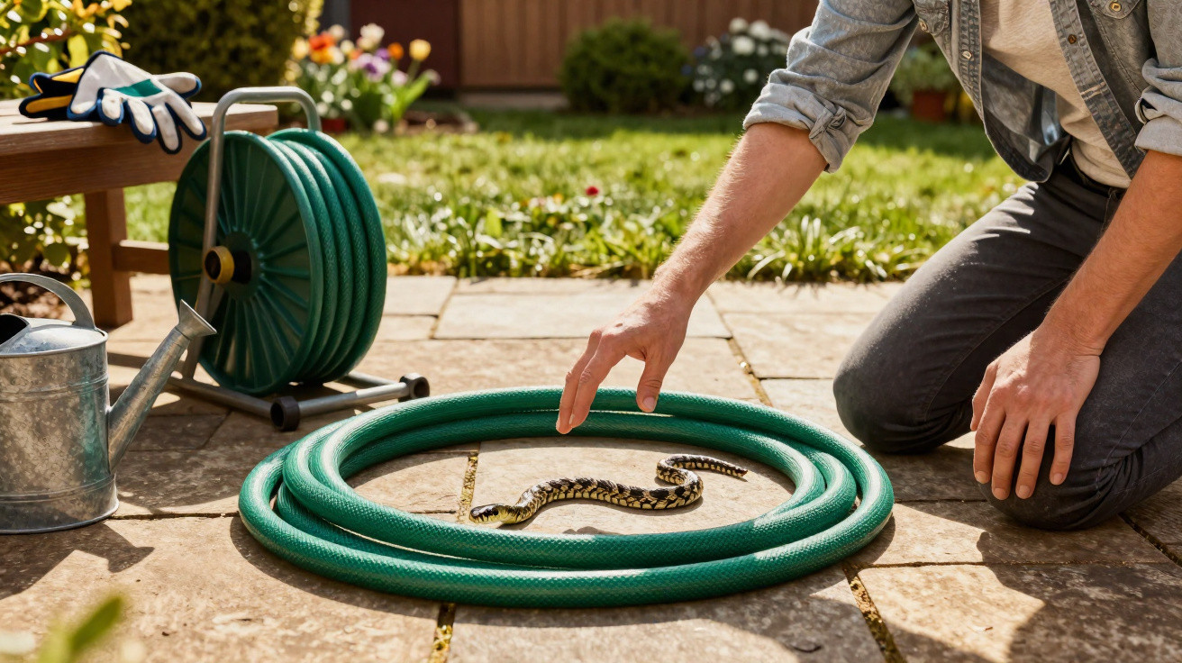 Pessoa ajoelhada tentando pegar uma cobra dentro de uma mangueira verde no quintal ensolarado.