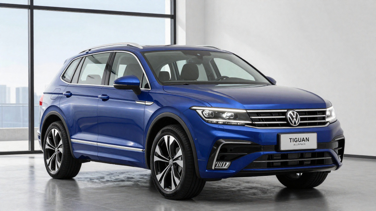 SUV Volkswagen Tiguan Allspace azul estacionado em ambiente interno moderno e claro.