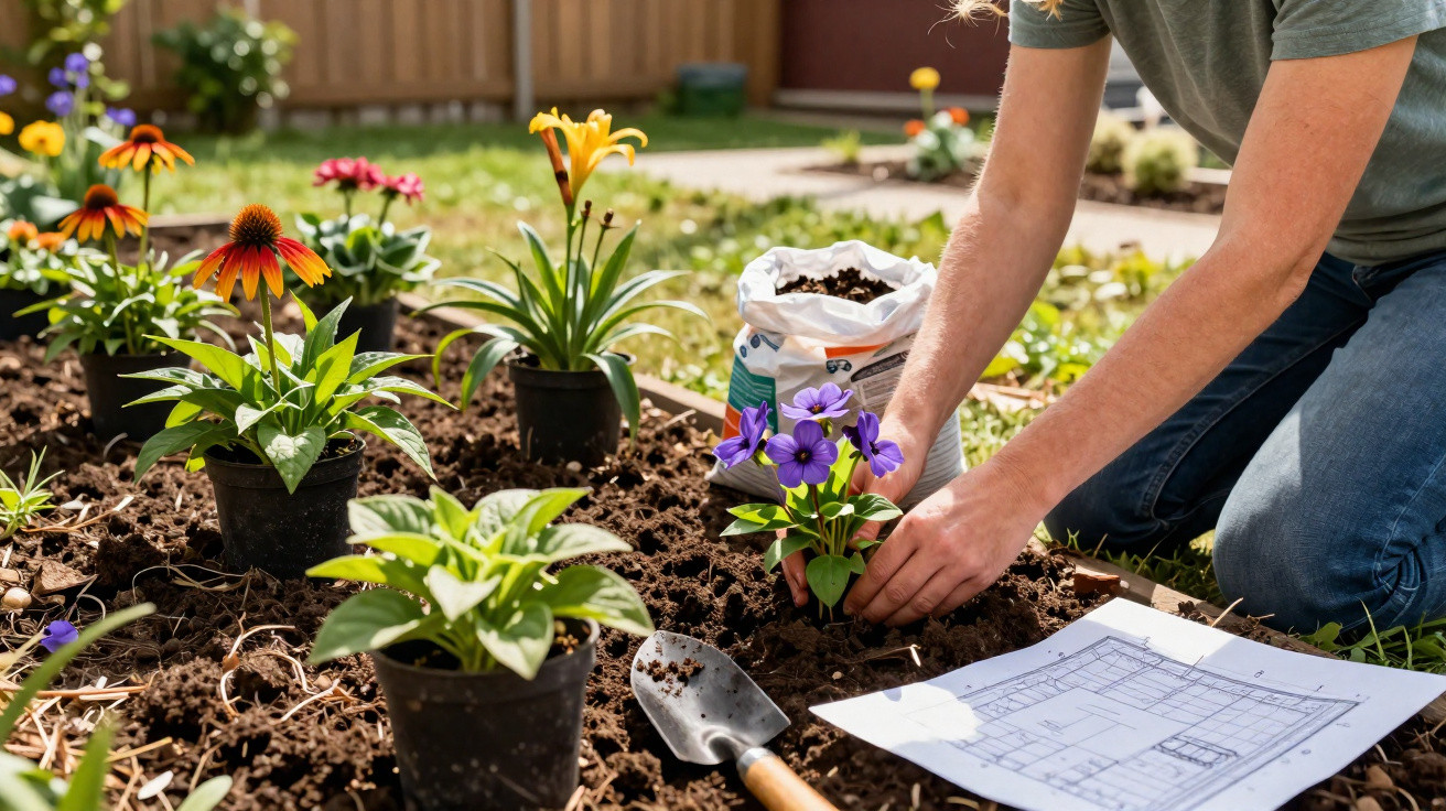 Pessoa plantando flores em jardim com ferramentas e plano de plantio ao lado em dia ensolarado.