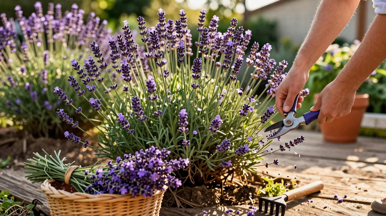 Pessoa colhendo flores de lavanda em jardim ensolarado com cesta e ferramentas de jardinagem ao lado.