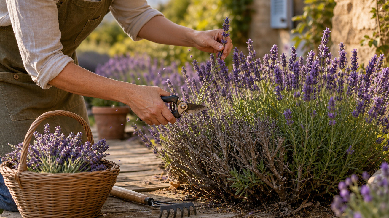 Pessoa colhendo flores de lavanda em jardim ensolarado com cesta de flores ao lado e ferramentas no chão.