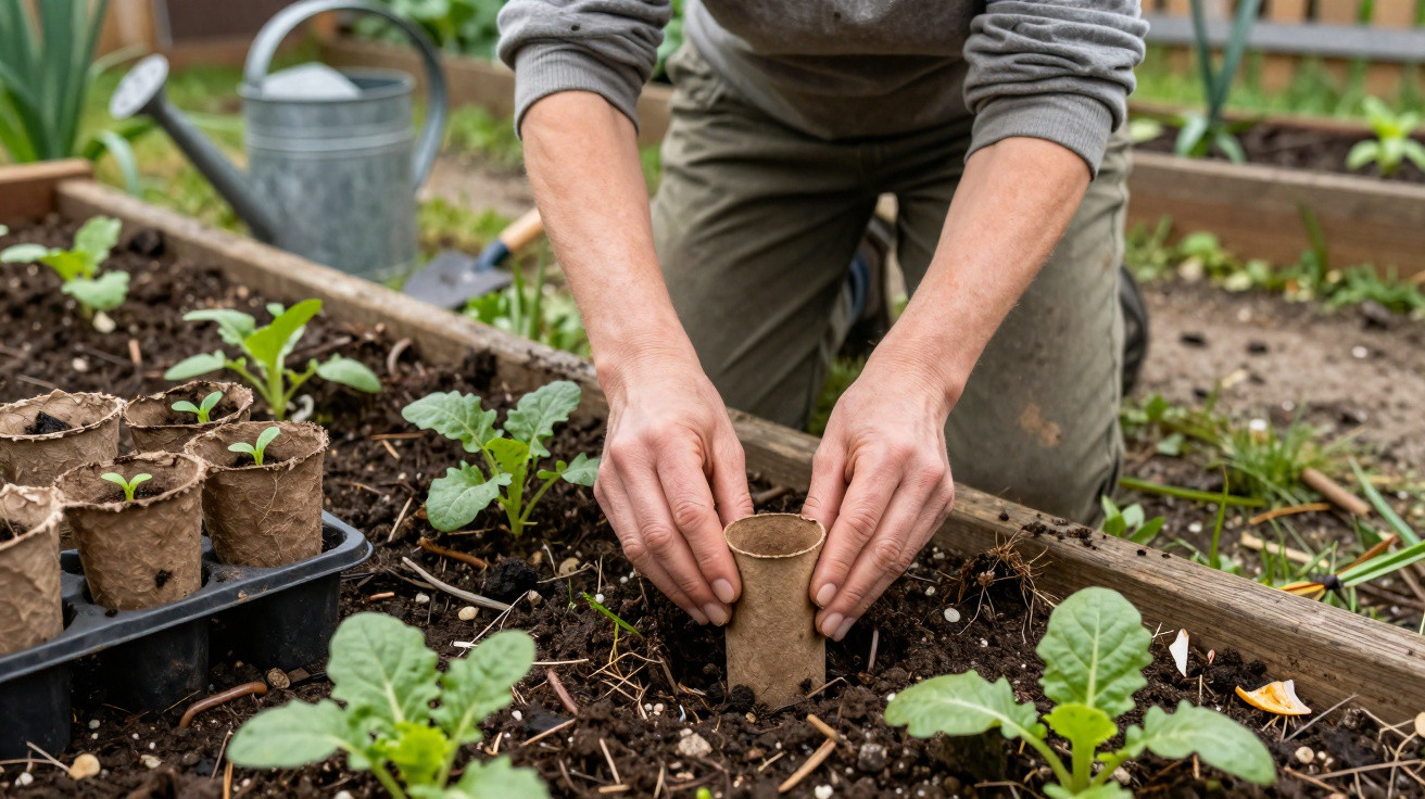 Pessoa plantando muda em vaso biodegradável em canteiro de jardim com terra e plantas jovens.