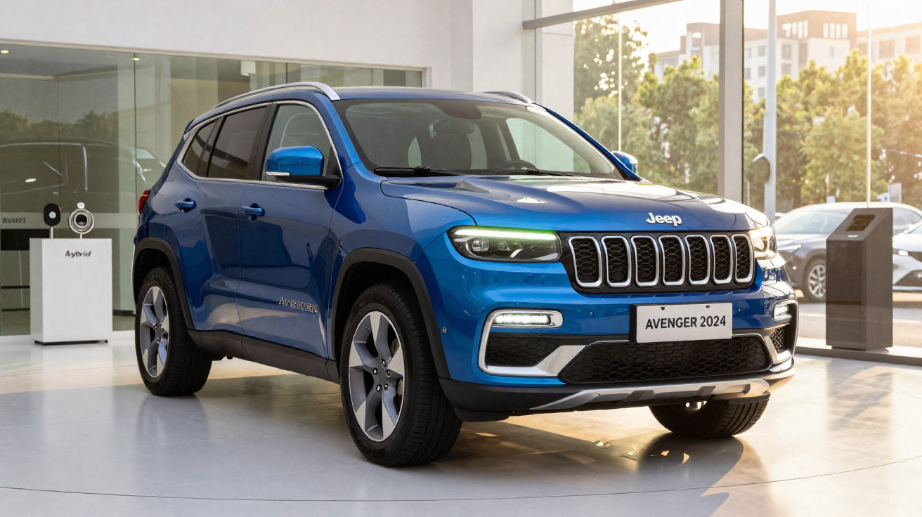 SUV Jeep Avenger 2024 azul exibido em showroom com luz natural e detalhes modernos.