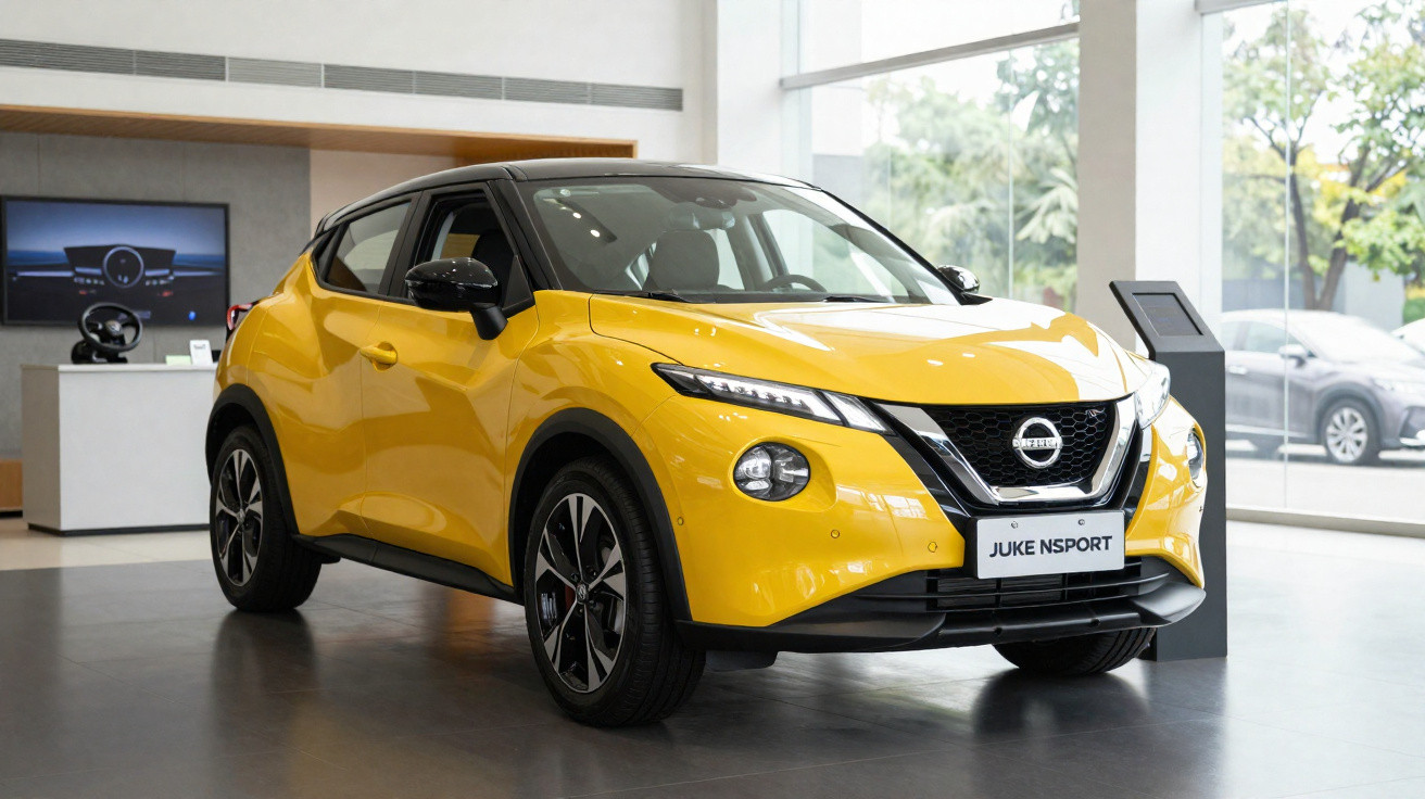 Carro SUV Nissan Juke NSport amarelo exposto em showroom com teto preto e rodas esportivas.