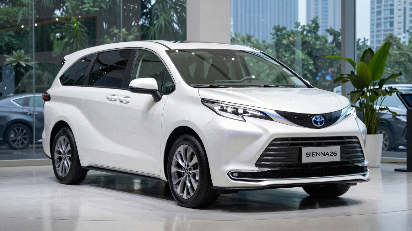 Carro branco Toyota Sienna 2026 exibido em showroom com plantas e prédios ao fundo.