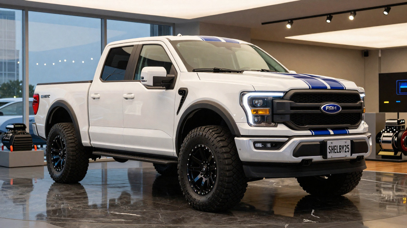 Picape branca Ford Shelby com faixas azuis em showroom moderno com piso brilhante.