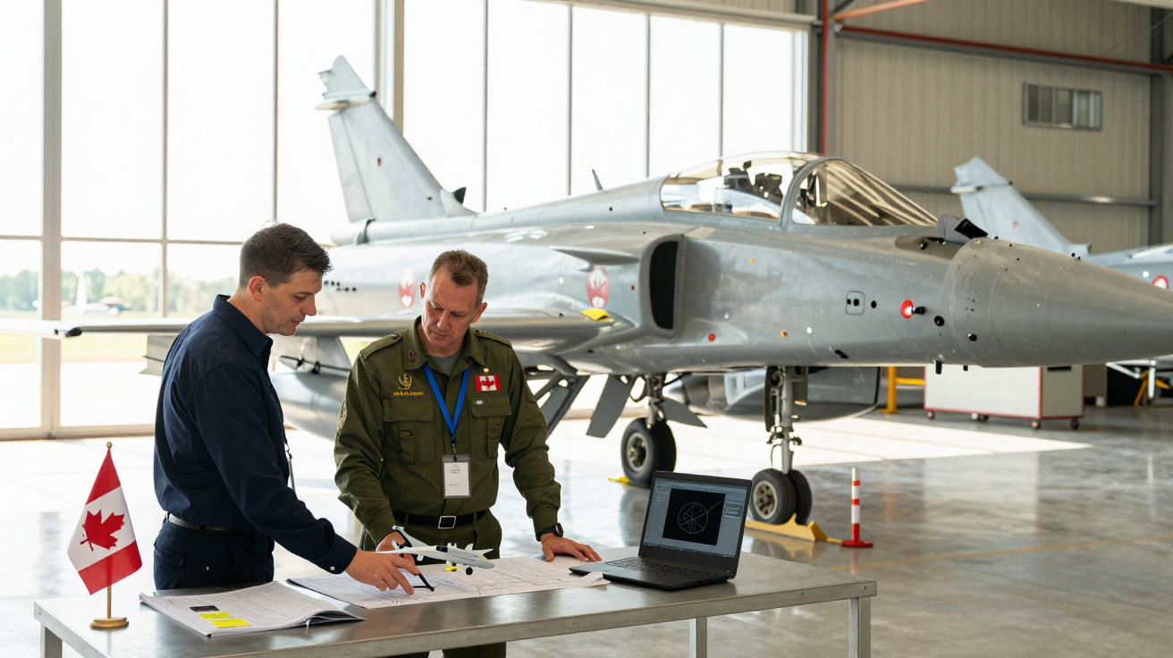 Dois homens revisam documentos e um modelo de avião em hangar com caça militar ao fundo.