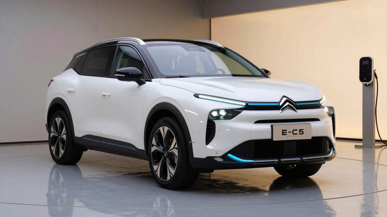 Carro elétrico branco Citroën E-C5 estacionado em ambiente interno ao lado de carregador elétrico.