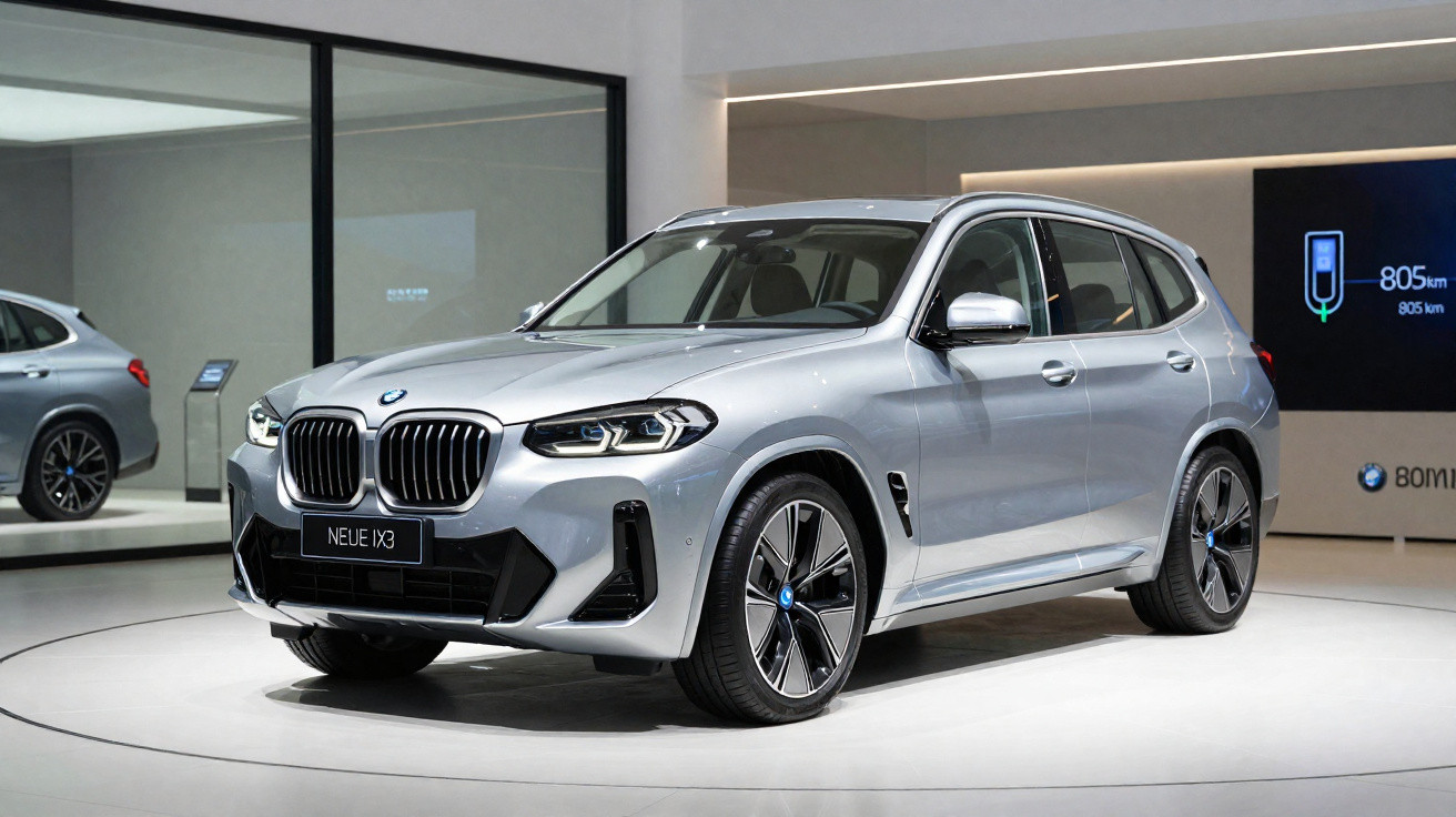 SUV BMW prata modelo NEUE iX3 em exposição interna com painel mostrando autonomia de 805 km.