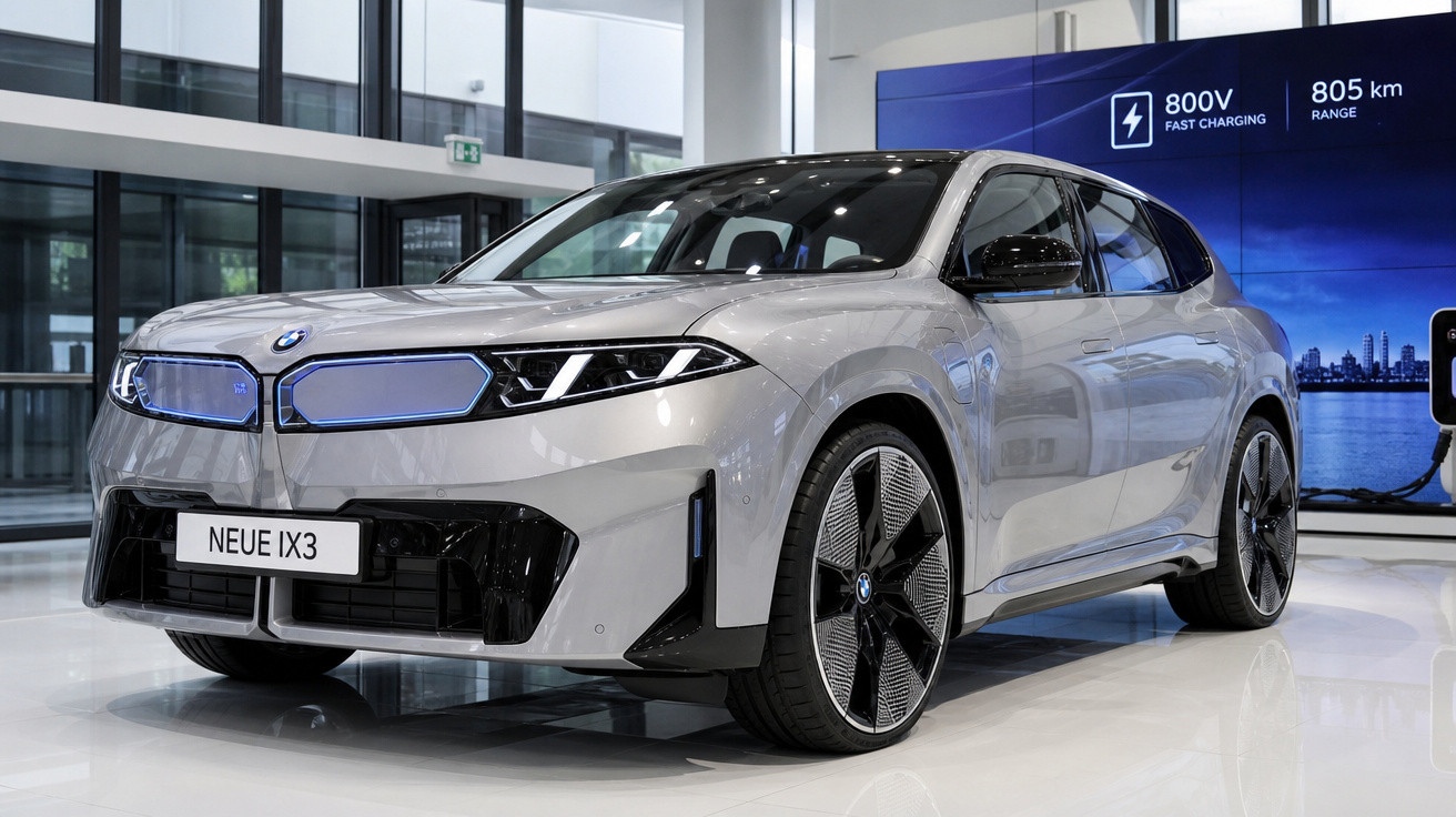 Carro elétrico BMW Neue IX3 prata exibido em showroom com informações de carregamento rápido e autonomia de 805 km.