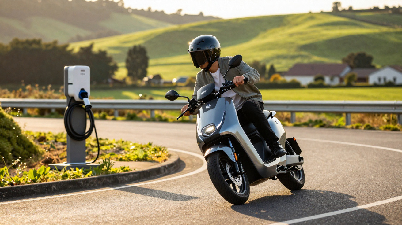 Pessoa de capacete andando de scooter elétrica em estrada com paisagem verde ao fundo.