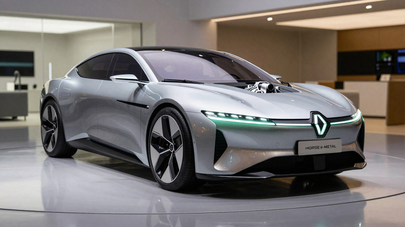Carro elétrico esportivo prata com design futurista exposto em showroom moderno.