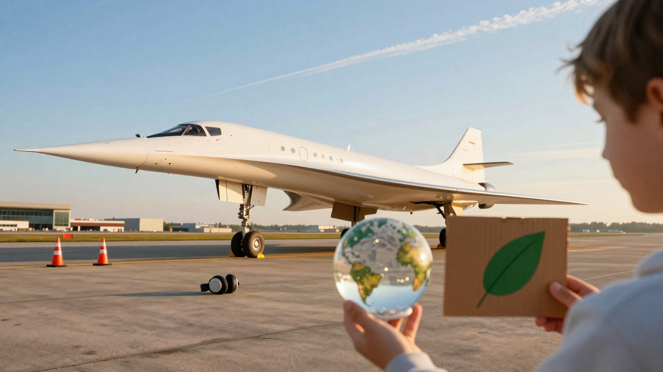 Criança segurando globo terrestre e desenho de folha com avião Concorde estacionado ao fundo em aeroporto.