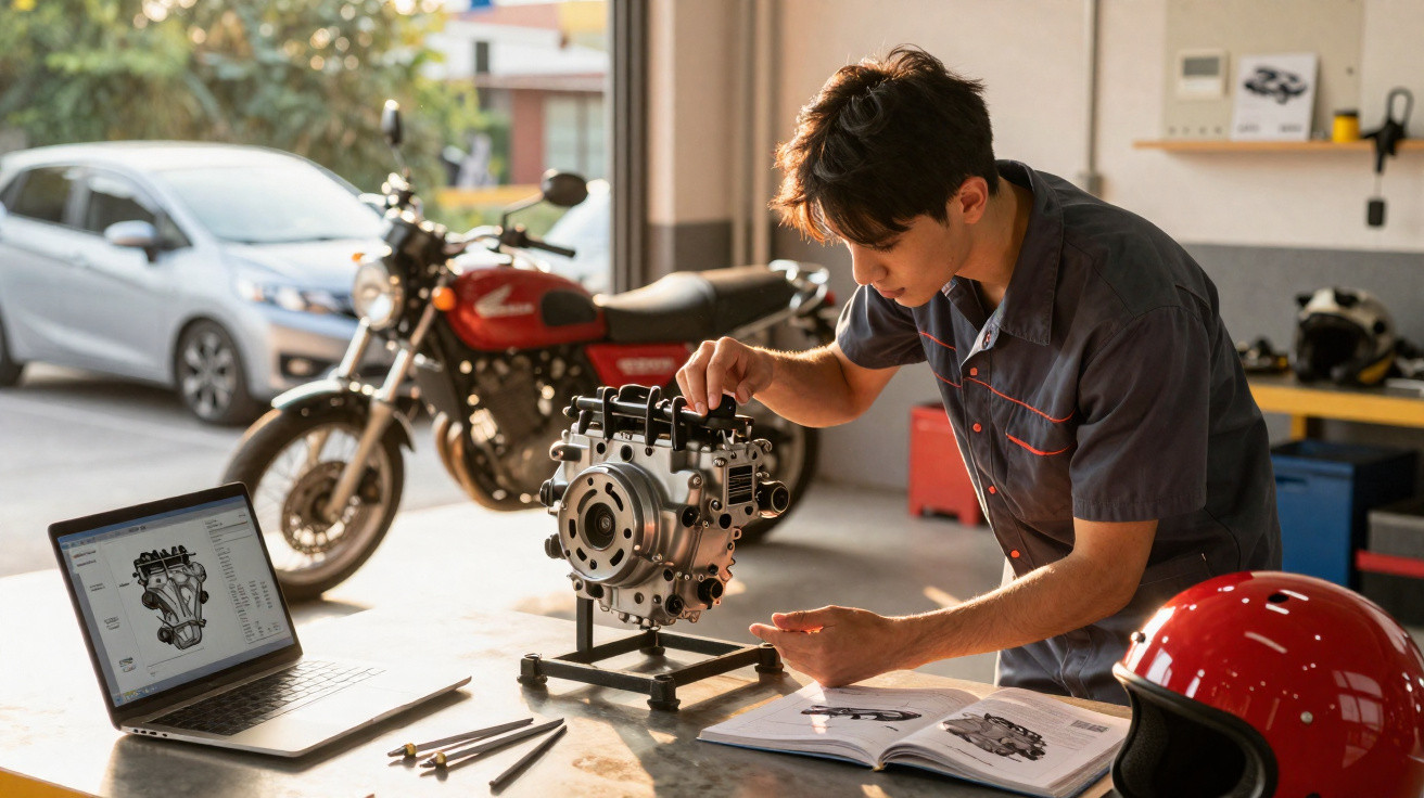 Homem em oficina analisando motor de motocicleta com laptop e manual técnico na mesa.