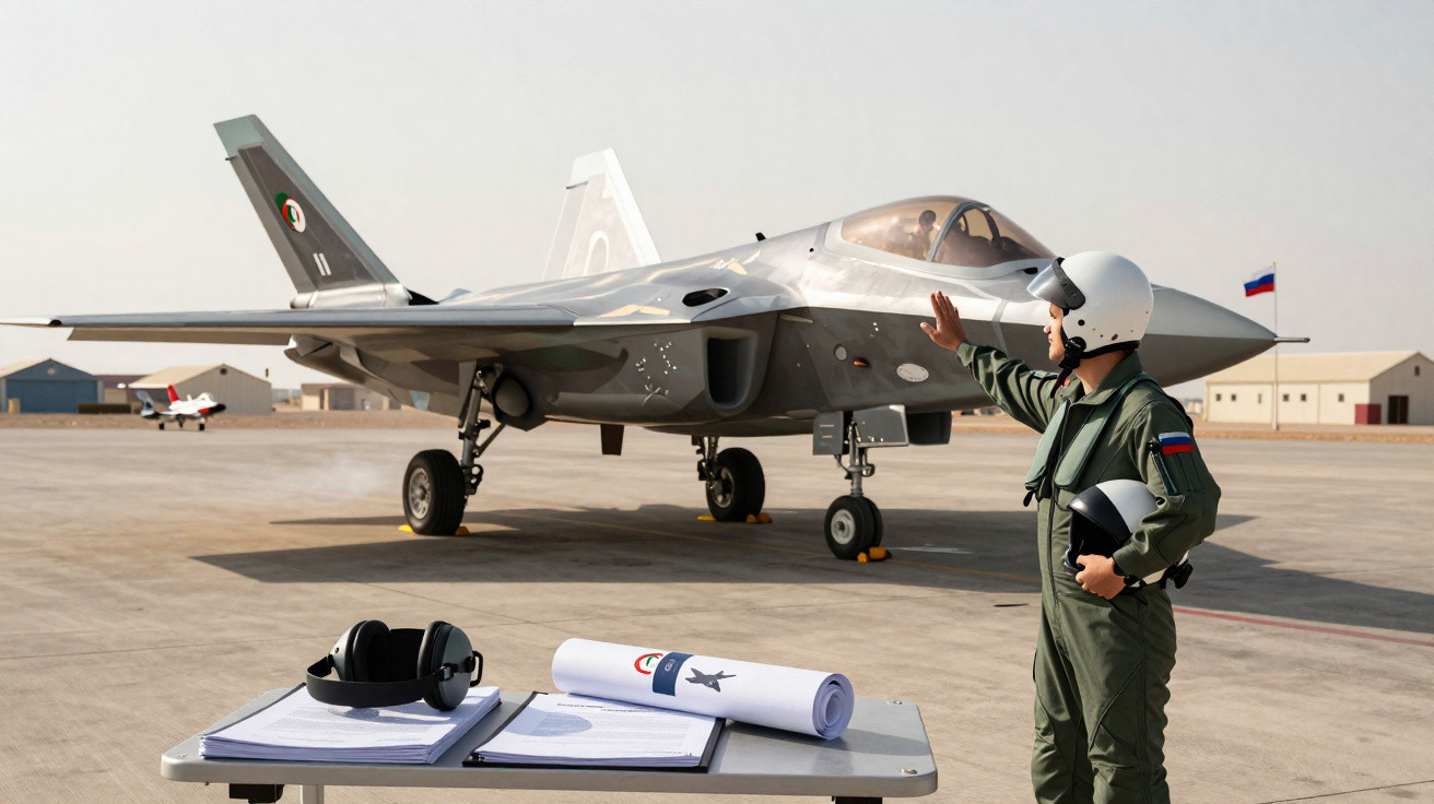 Piloto militar saudita em uniforme cumprimenta caça furtivo em pista de aeroporto desértico.