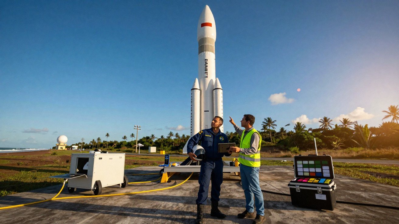 Dois homens conversando em frente a um foguete branco na plataforma de lançamento próximo ao mar.